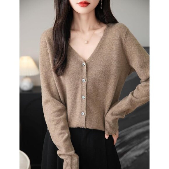 Women's Merino Wool Cardigan Lightweight V Neck Long Sleeve Fall Winter - Picture 4 of 6